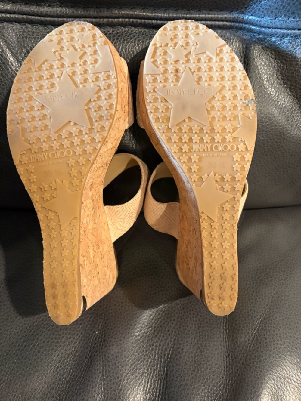 Jimmy Choo Beige Textured Leather Cork Wedge Slides - Picture 11 of 12